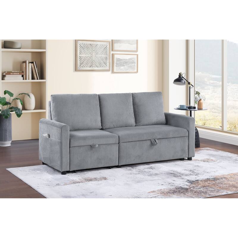 70"W Gray Corduroy Sofa with Pull-Out Chaise, Underseat Storage, Side Pocket