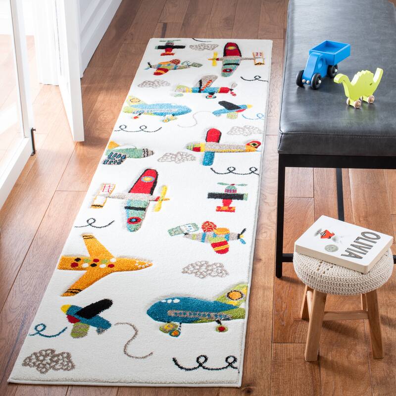 SAFAVIEH Carousel Kids Ardak Airplane Rug - 2' x 8' Runner - Ivory/Blue