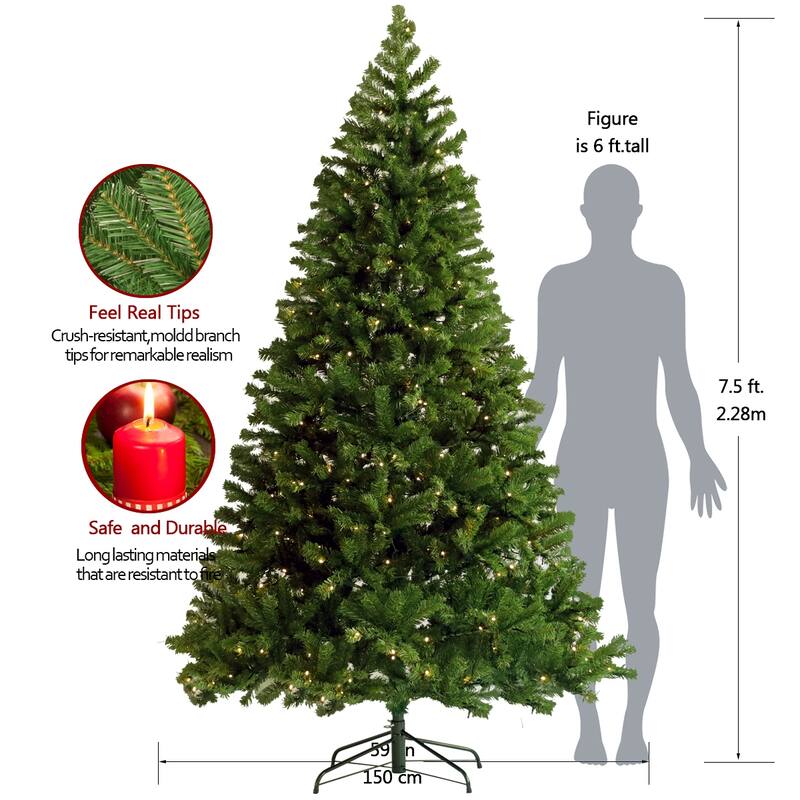 Pre-lit Christmas Tree 7.5ft Artificial Hinged Xmas Tree