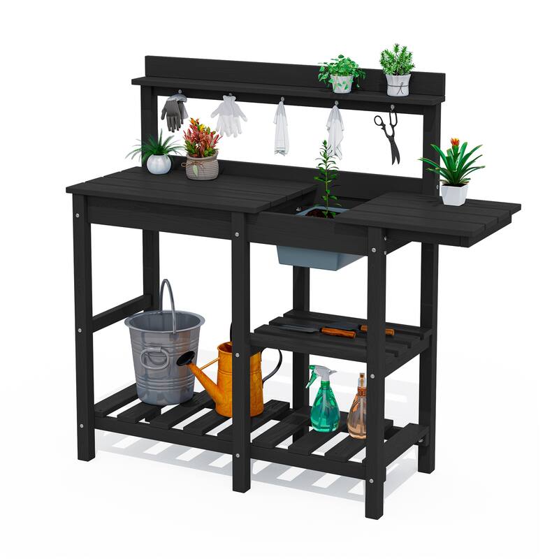 HDPE Patio Outdoor Potting Table, Versatile Gardening Planting Workbench - Black