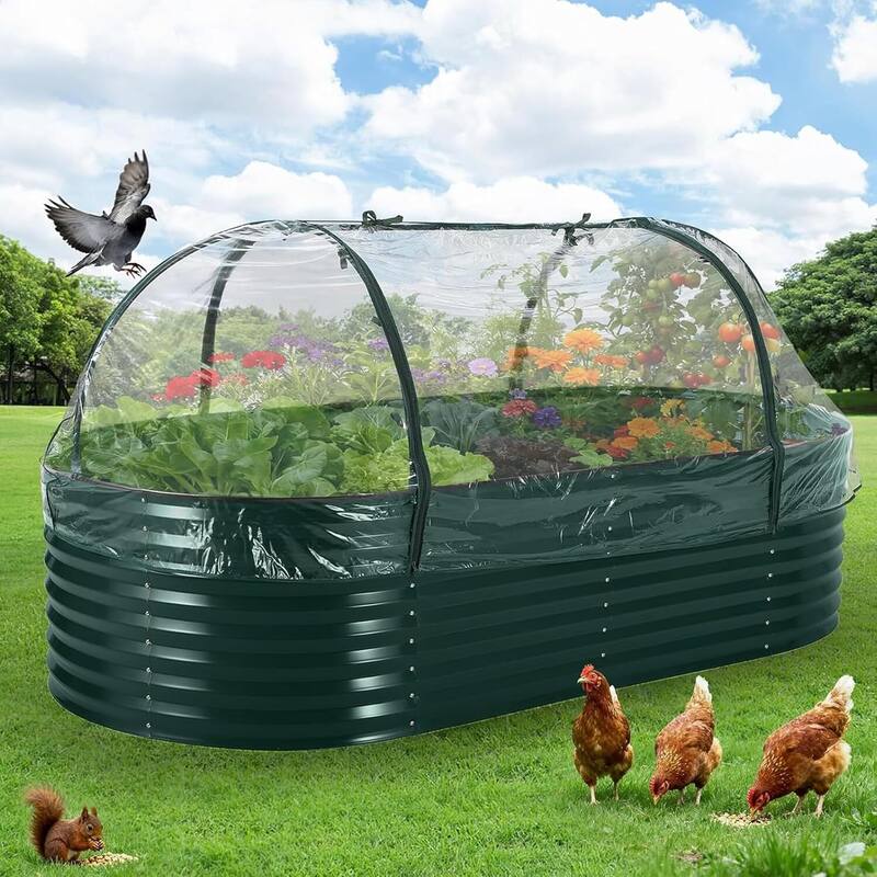 8x4x2 ft Galvanized Raised Garden Bed, Steel Planter Boxes with Zippered Screen Cover - Green