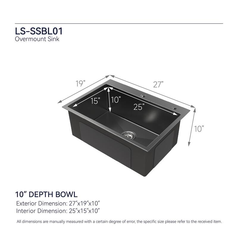Modern Black 27 Inch Single Bowl Countertop Kitchen Sink 304 Stainless Steel Overmount with Lift and Turn Drain