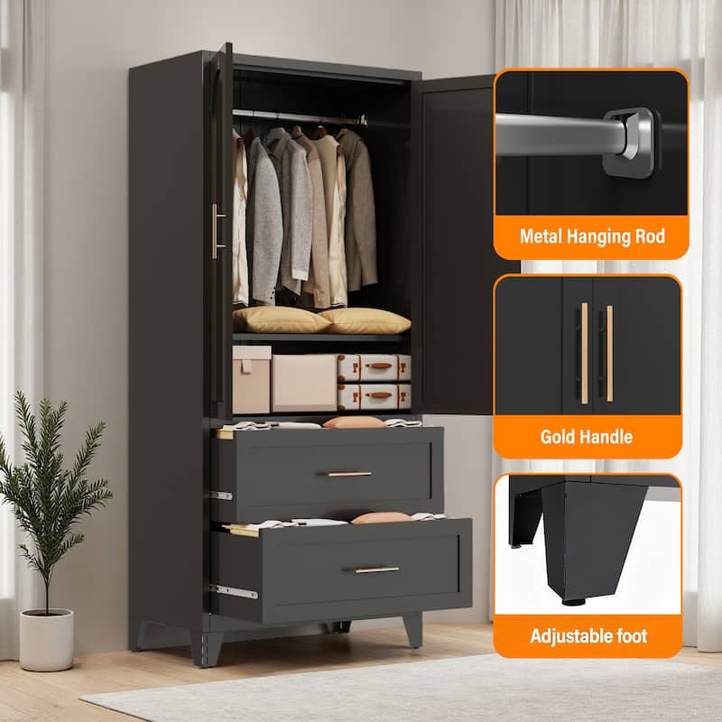 Black Clothing Storage Cabinet with 2 Drawers and Hanging Rod, 2 Doors Wardrobe Armoire Closet with Shelf