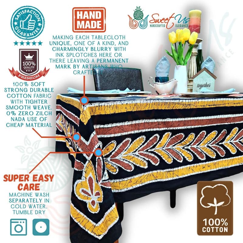 Cotton Lucky Elephant Batik Print Tablecloth Rectangle - 88 x 106 inches - Black Gold