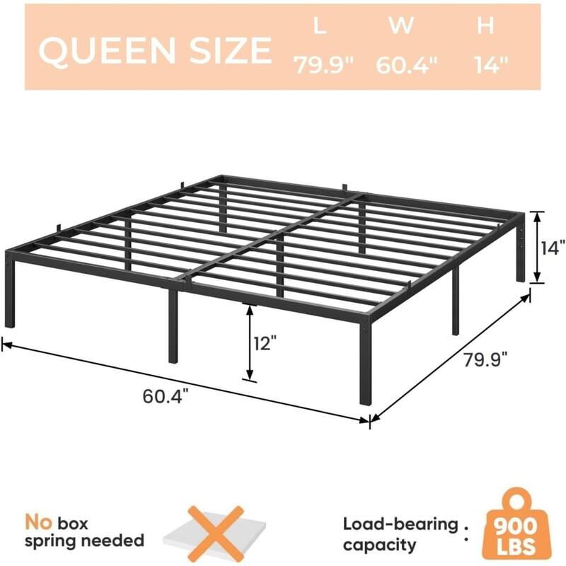 Bed Frame No Box Spring Needed, Heavy Duty Queen Platform Metal Bed Frame with Metal Slats