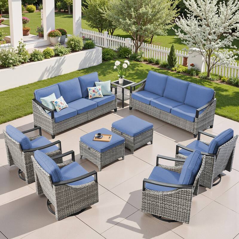 Pocassy Outdoor Sofa Swivel Patio Chair Table with Ottoman Set - Gray Wicker Blue Cushion - 9-Piece Sofa Swivel Chair Table with Ottoman