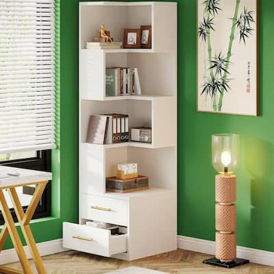 White 5-Tier Corner Bookshelf with 2 Drawers L-Shaped Storage Shelf for Living Room Bedroom Office - 19.69" x 19.69" x 66.93"