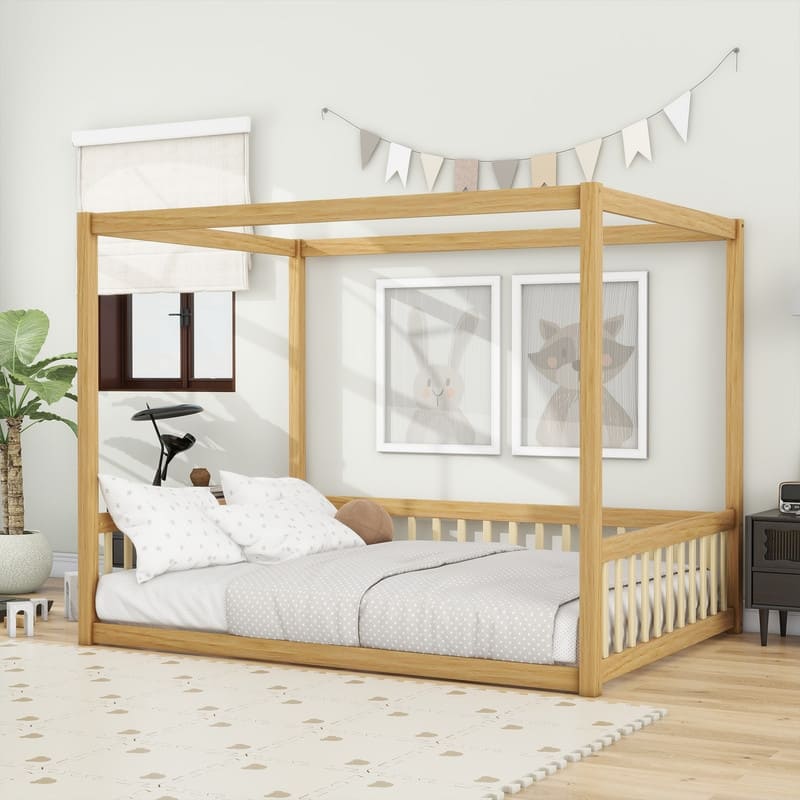 Full Size Rubber Wood Floor Bed Canopy Bed with Fence,Guardrails - Natural