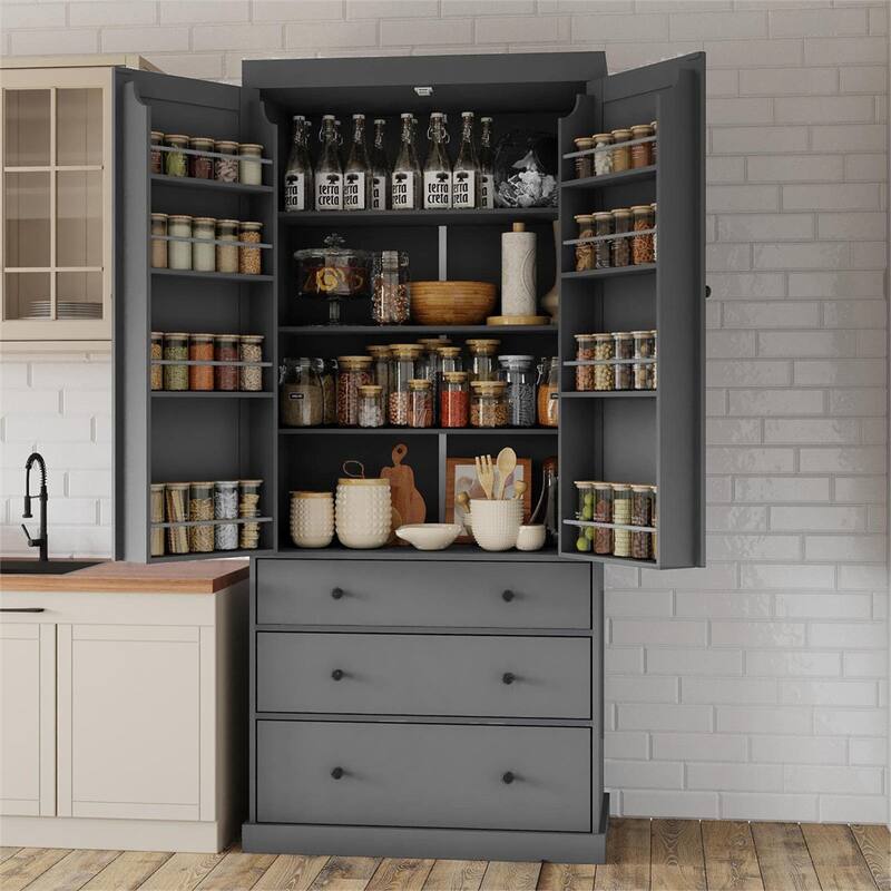 Freestanding Tall Cupboard Storage Cabinet w/ 8 Door Shelves, 3 Drawer - Gray
