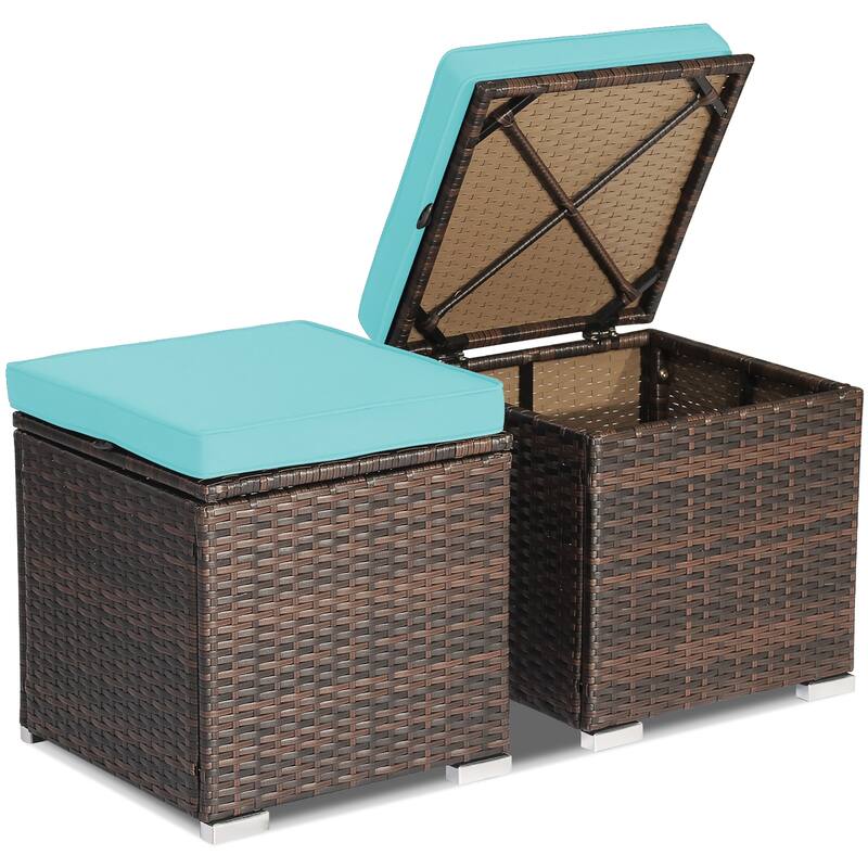 Costway 2PCS Patio Rattan Ottomans Seat Side Table Storage Box - See Details