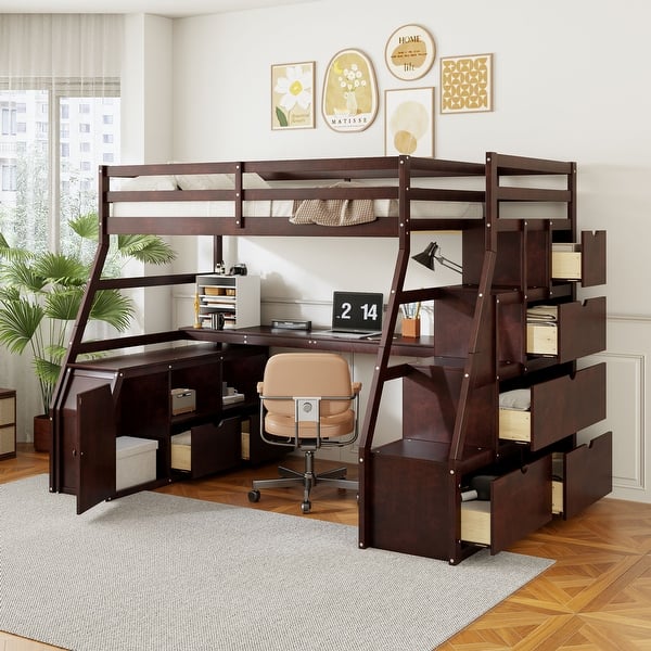 slide 2 of 16, Espresso Full Size Wood Loft Bed with Drawers, Shelves & Desk Full - Espresso