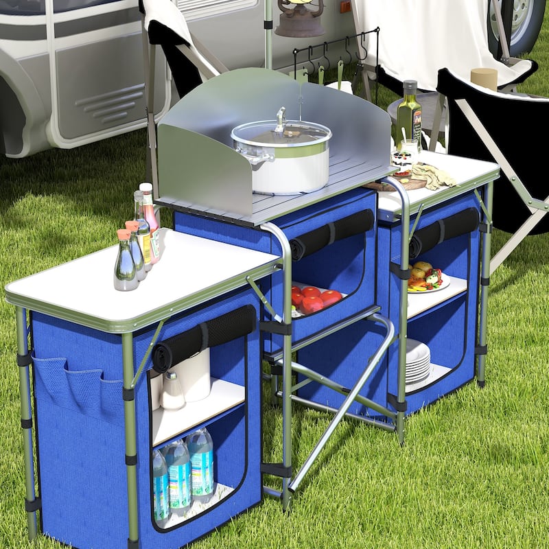 Outsunny Camping Kitchen Table, Portable Folding Camp Kitchen, Aluminum Cook Station with 3 Fabric Cupboards, Windshield