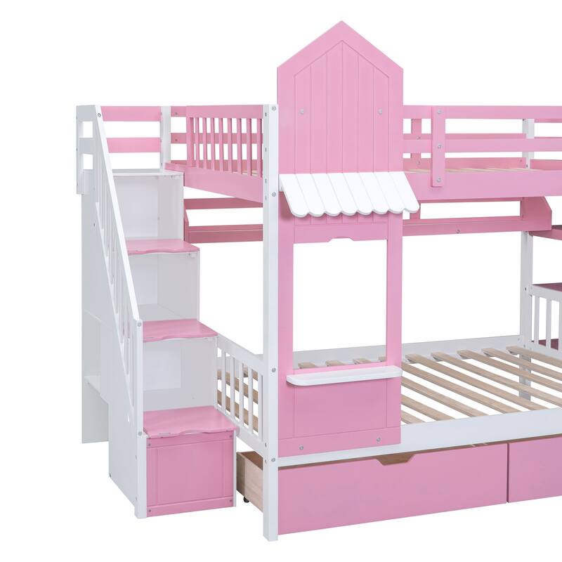 Castle Style Bunk Bed with 2 Drawers 3 Shelves and Slide