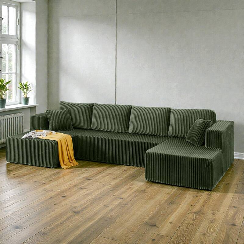 U Shaped Modular Sectional Sofa, Modern Minimalist Corduroy Compressed Couch, Sleeper Sofa for Living Room