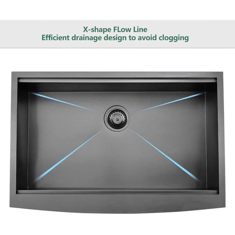 DORNBERG Black Stainless Steel Farmhouse Kitchen Sink 33 Inch Apron Front Curved Sink
