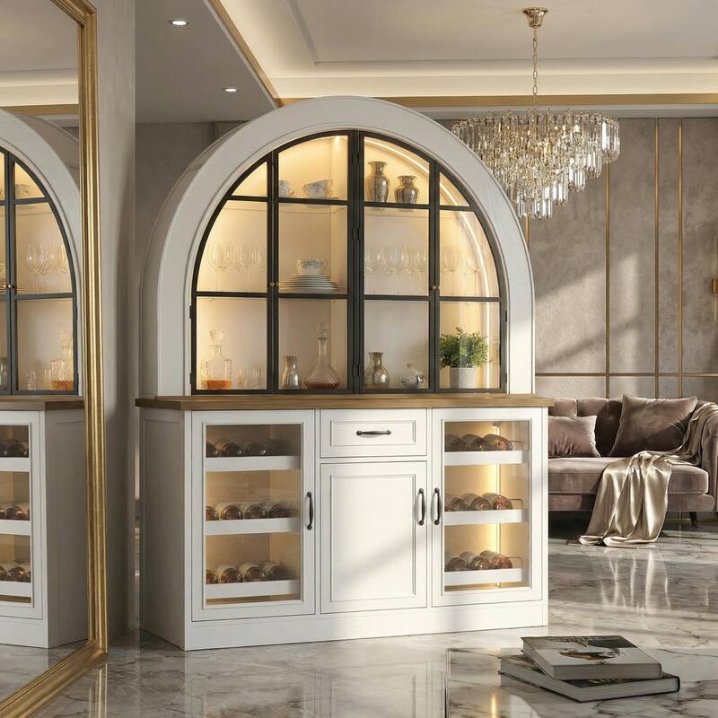 63" Arched Bar Cabinet with LED Lights Wine Bar Cabinet with Glass Doors, Liquor Storage Cabinet with Wine Rack