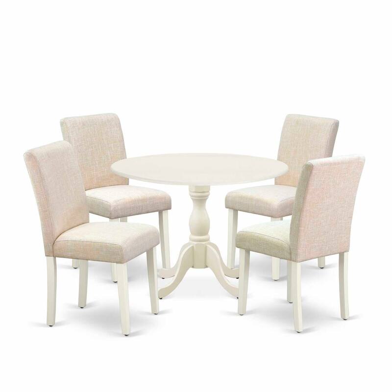 HomeStock 5-Pc Linen White Finish Solid Wood Top Dining table with 4 Chairs with Drop Leaf
