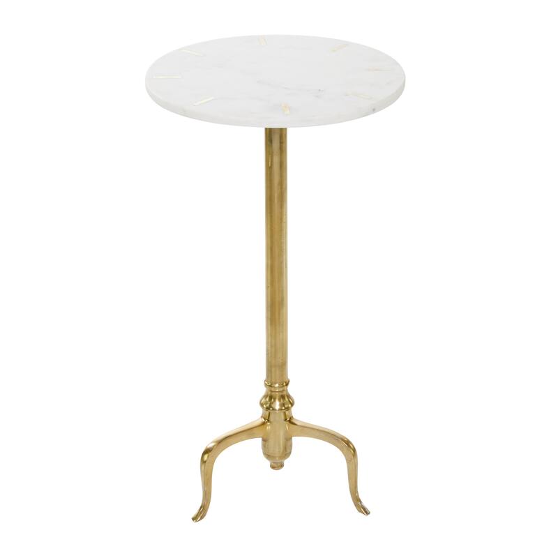 White Marble Accent Table with Gold Inlay and Scrolled Base
