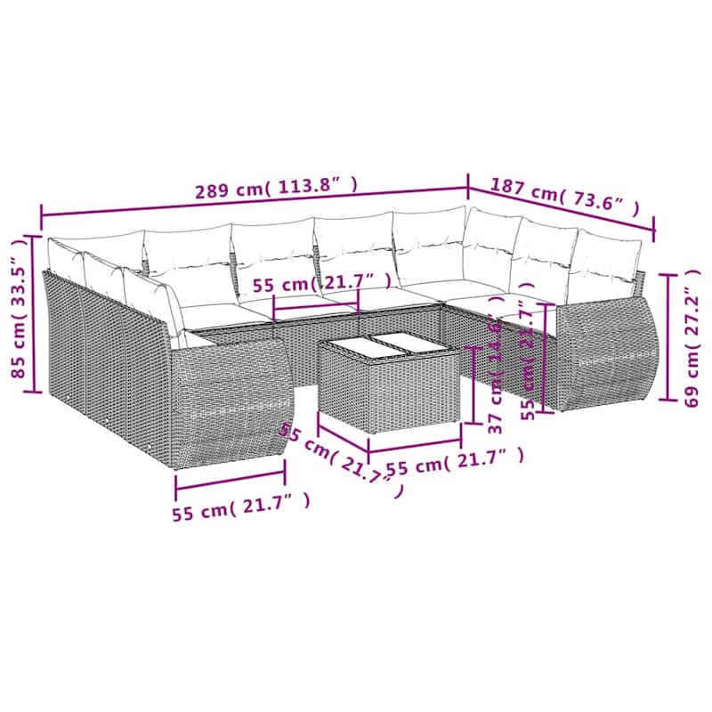 vidaXL 9 Piece Patio Sofa Set with Cushions Grey Poly Rattan - 24.4" x 24.4" x 27.2"