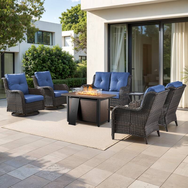 Gymojoy 8-Piece Outdoor Wicker Patio Furniture Set with Swivel Glider Rocker & 55,000 BTU CSA Propane Fire Pit