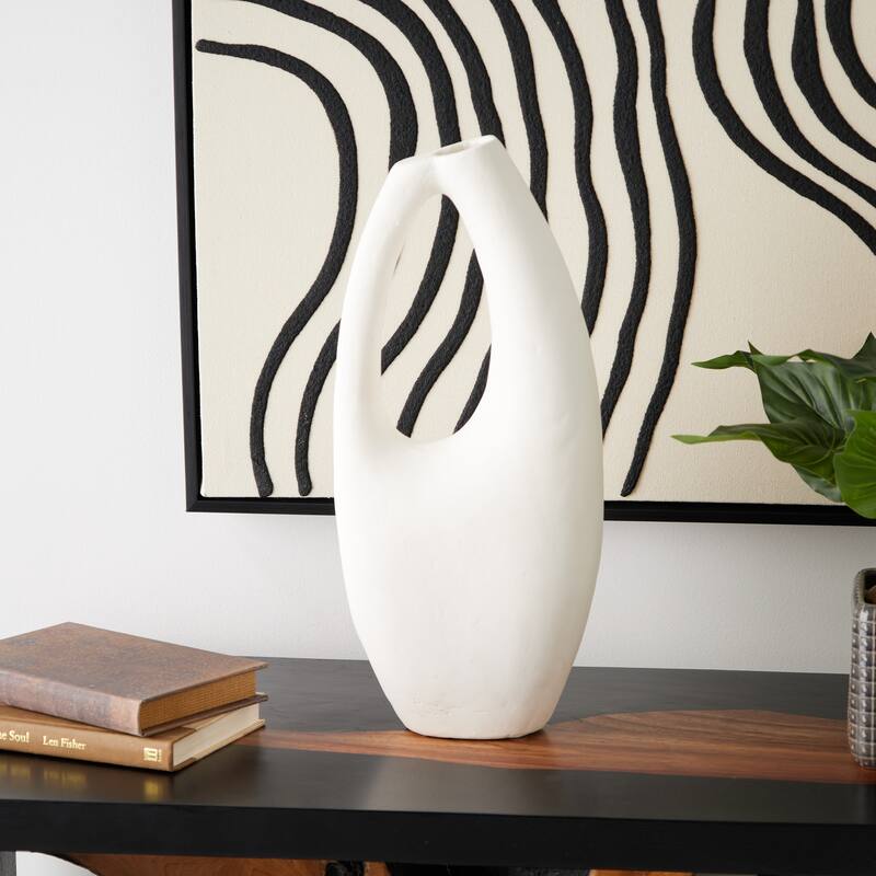 Beige Paper Mache Abstract Curved Vase with Handle - Beige - 8"W,18"H
