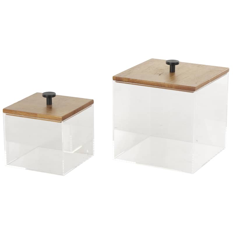 Acrylic Plastic Box with Brown Wooden Lids and Black Knobs - Set of 2 - Roche River Decor - Clear - 7",5"H