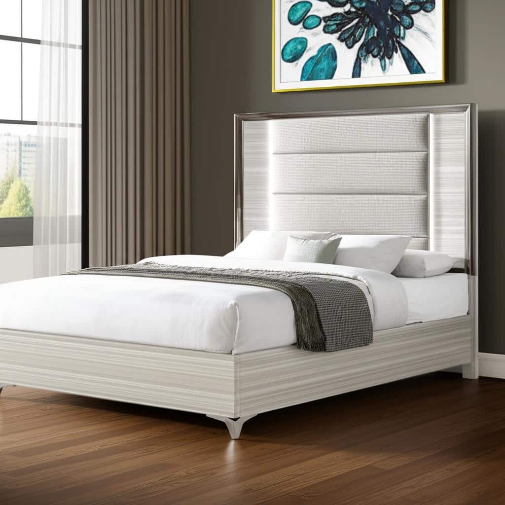 HomeRoots Beige White And Chrome Wood Upholstered Lighted King Bed Frame