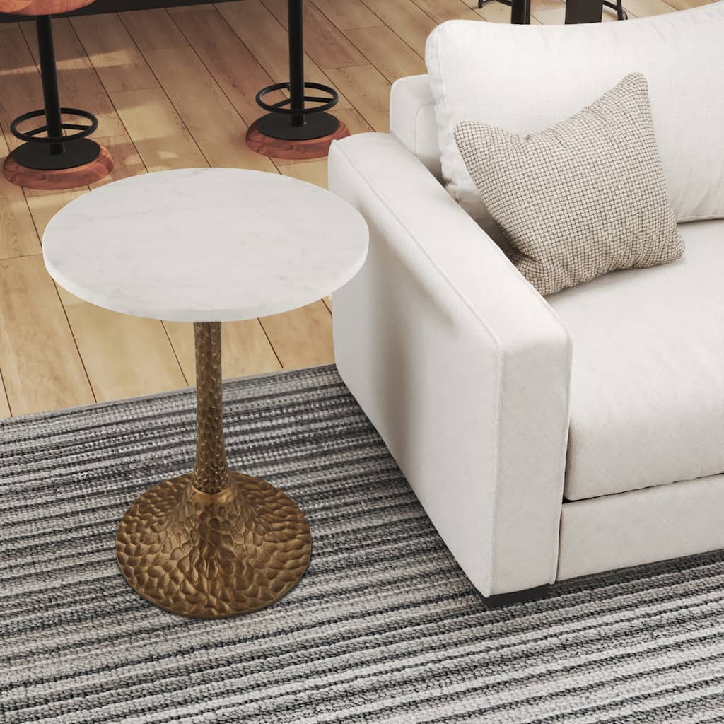 Tyler 20.5 Inch Accent Side Table Round White Marble Top, Antique Brass, Hammered Pedestal Base
