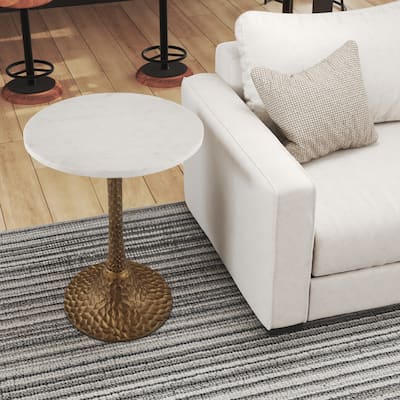 Tyler Accent Side Table, 14.5 Inch Round White Marble Top, Antique Brass Hammered Pedestal Base