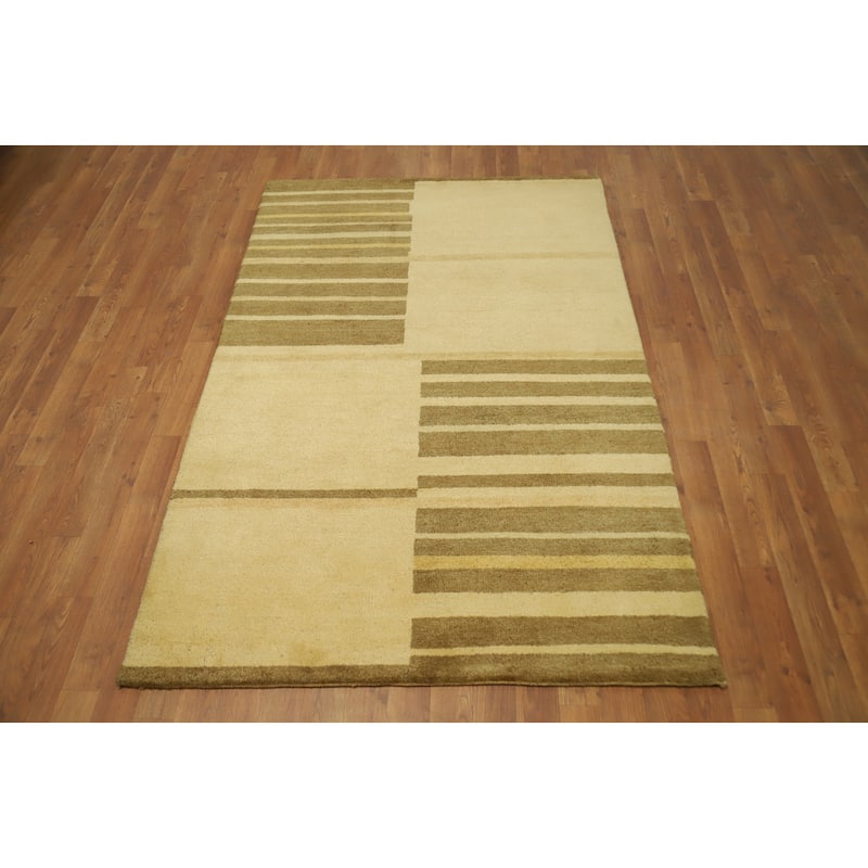 Hand Knotted Oriental 100% Wool Carpet Modern Stripe Yellow & Gold Gabbeh Area Rug - 5' 10'' X 3' 11''