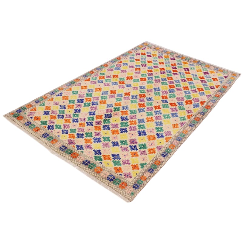 Contemporary Balochi Dejesus Beige/Gray Hand Knotted Wool Rug - 5'5'' x 7'9''