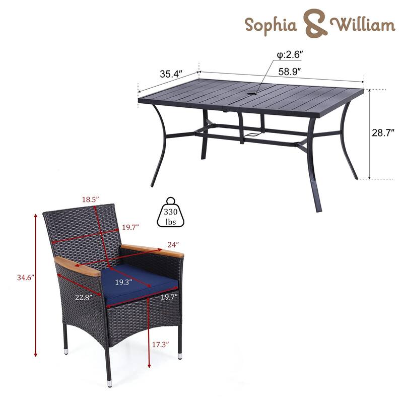 7 Pieces PE Rattan Patio Dining Sets, Modern Wicker Conversation Armhairs with Cushions and 2.6" Umbrella Hole