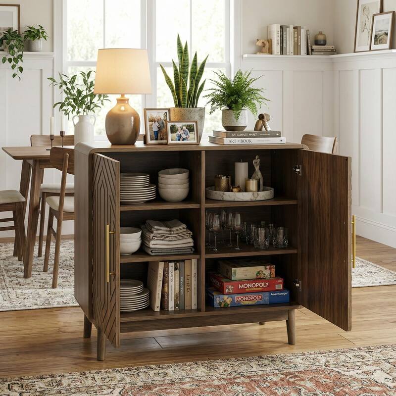 Homy Casa Mid-Century Doors Sideboard Buffet Cabinet with Adjustable Shelves - BR