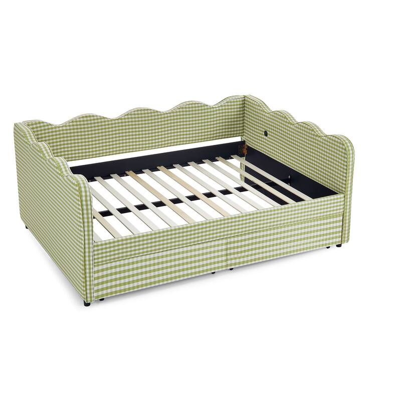 Full Size Upholstery Daybed with 2 Storage Drawers and USB Port, Linen Fabric Sofa Bed with Plaid Pattern and Wavy Silhouette
