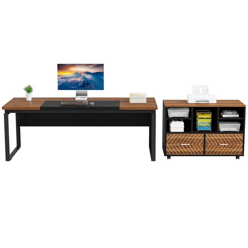 63" L-Shaped Corner Executive Computer Desk and Rolling File Cabinet Set for Home Office