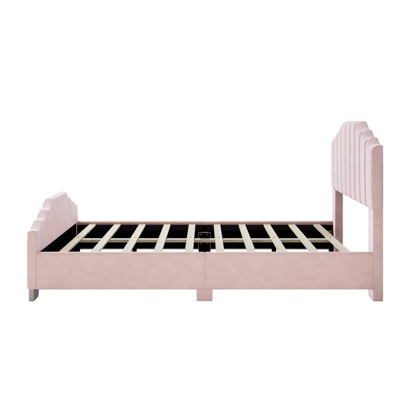 Velvet Upholstered Platform Bed Frame Vertical Channel Wingback Bed Tufted Headboard Footboard, Low Profile Panel Bed