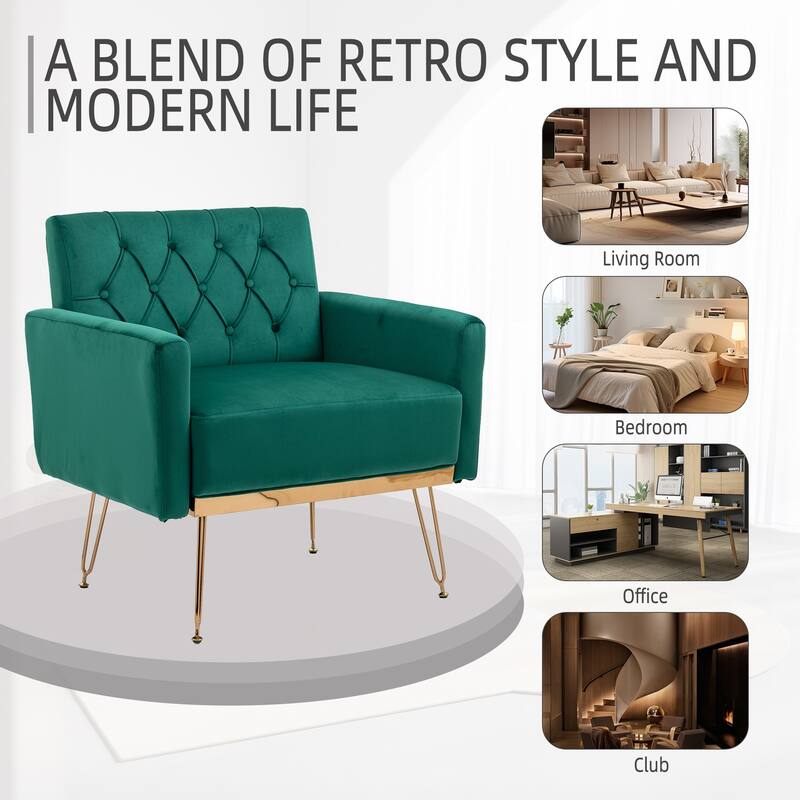 Velvet Upholstered Armchair Single Sofa Modern Tufted Reading Chairs Gold Metal Leg Wingback Chairs for Living Room Bedroom