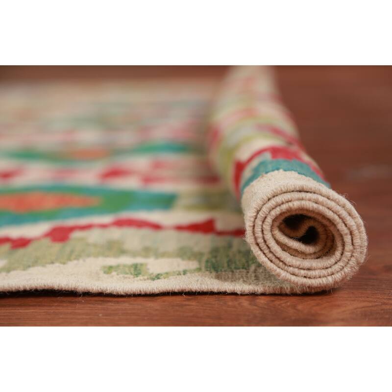 Hand Woven Oriental 100% Wool Carpet Southwestern Geometric Multi-Colored Kilim Area Rug - 8' 7'' X 6' 0''