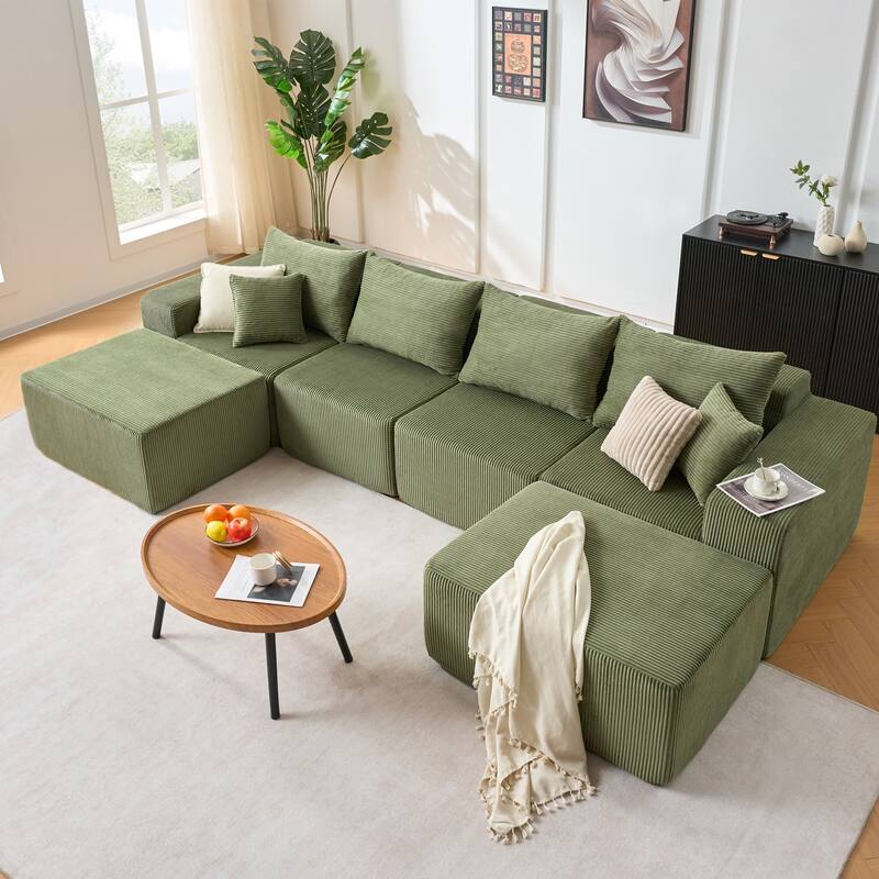 6-Piece Modular Sectional Sofa Set for Living Room, U-Shaped Corduroy Sectional Sofa with Ottomans, Green