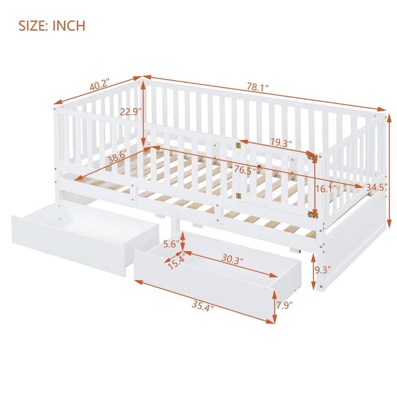Twin Size Wood Daybed with Fence Guardrails and 2 Drawers, Split into Independent Floor Bed & Daybed, White