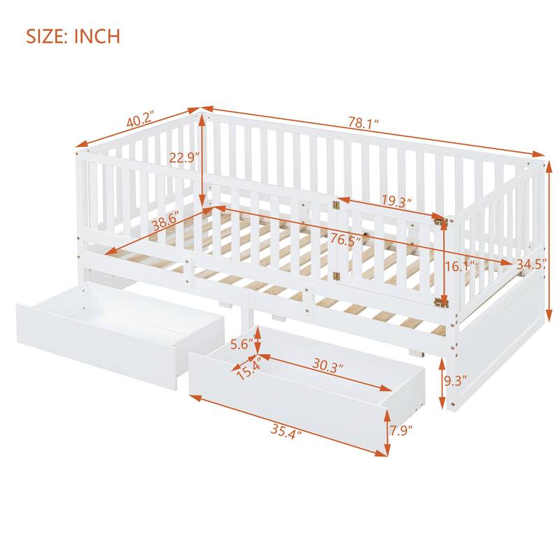 Wood Floor Bed Daybed Bed Frame with 2 Drawers