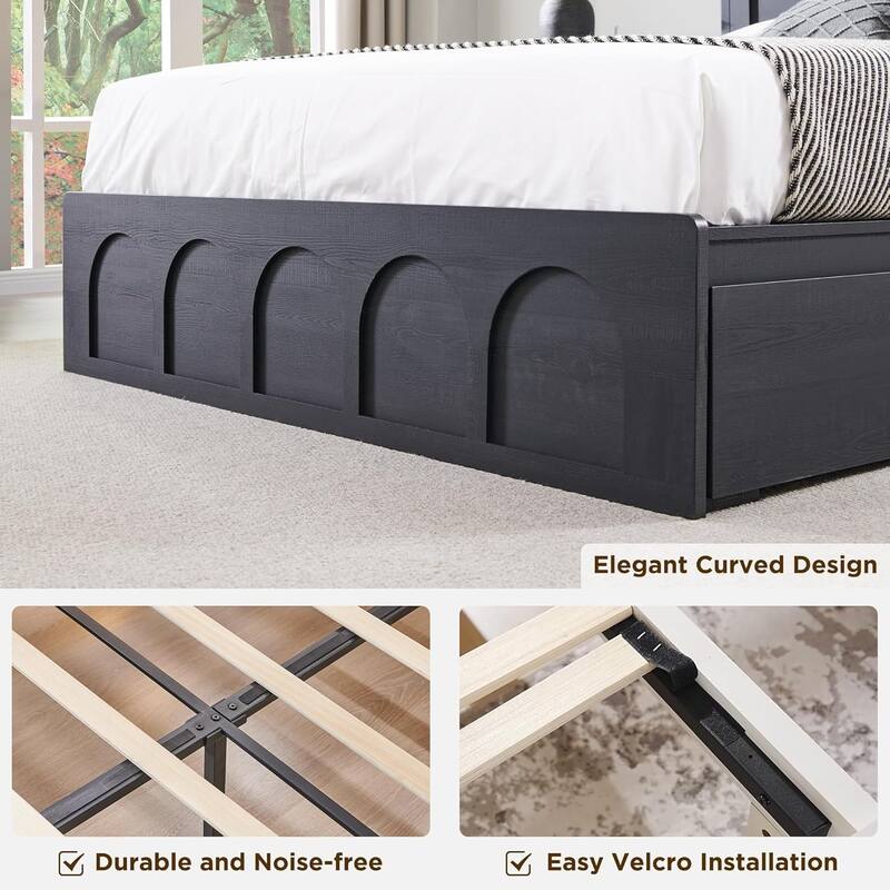 Modern Queen Size Bed Frame, 52" Tall Arched Recessed Headboard