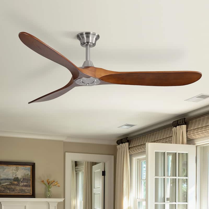 42“/52"/60"/48" Noiseless Walnut Wood Ceiling Fan with Remote Control, Integrated Light Optional - 60'' Wood Blade Fan without Light