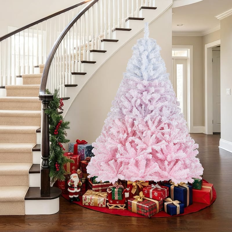 Gymax Artificial Christmas Tree Hinged Snow Flocked Xmas Tree w/ Lush - Pink, White