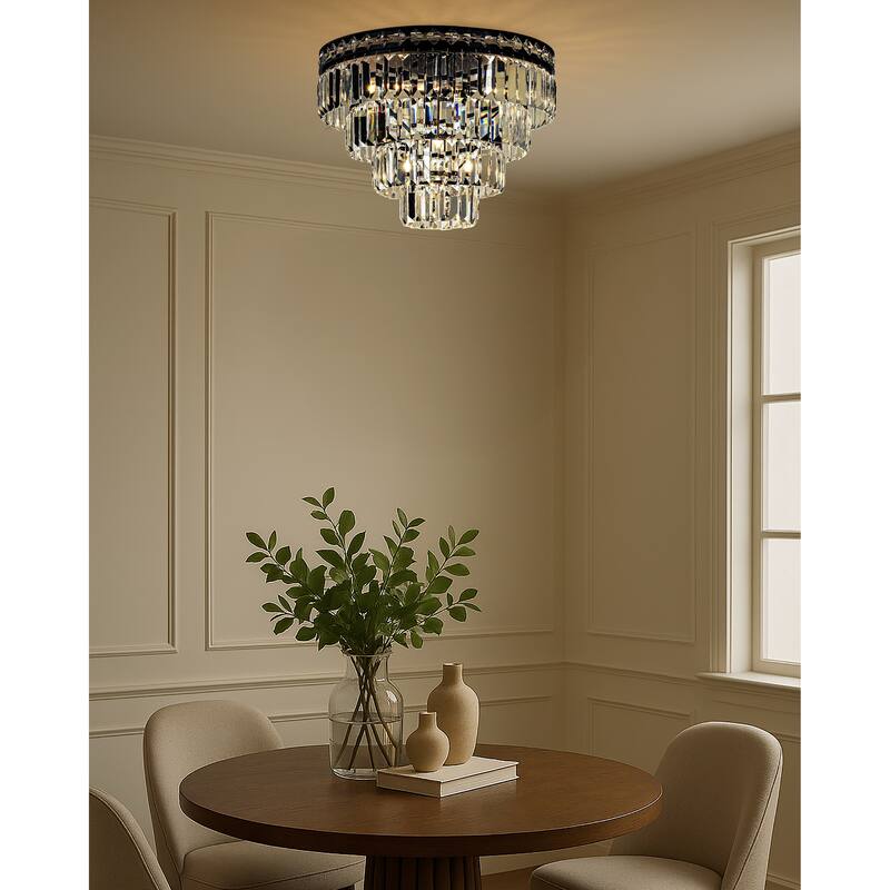 18'' Modern Classic Crystal Flush Mount With Matte Black Finish 4-Light Tiered Ceiling Light For Dining Room Foyer Bedroom