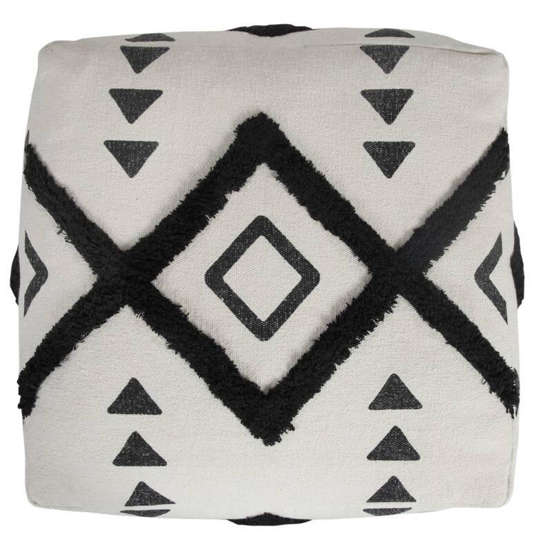 18" White Cotton Geometric Pouf Ottoman for Living Room and Bedroom Seating