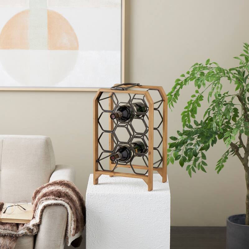Brown Wood 11 or 8 Slot Geometric Wine Rack with Gray Metal Curved teardrop or Hexagon Holders - Brown - 12"W, 20"H