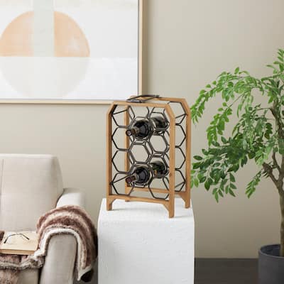 Brown Wood 11 or 8 Slot Geometric Wine Rack with Gray Metal Curved teardrop or Hexagon Holders