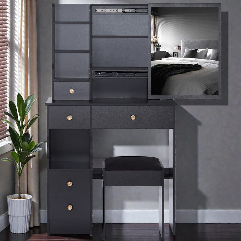 Small Space Vanity Table with Sliding Mirror and Stool, 29.2 Inch Makeup Dresser with Drawer Storage