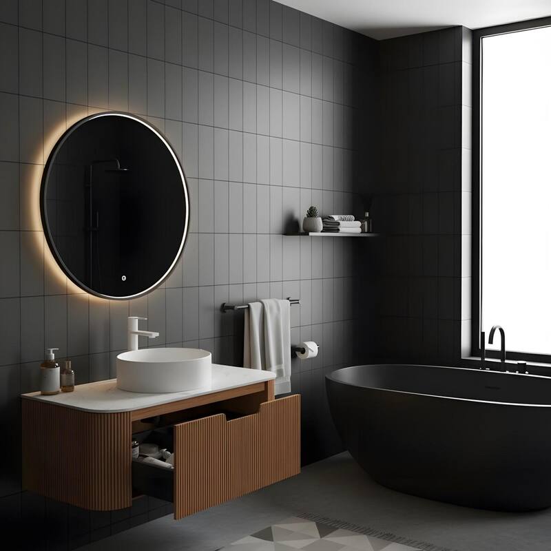 Wall Mounted Bathroom with White Round Ceramic Basin and Drawer